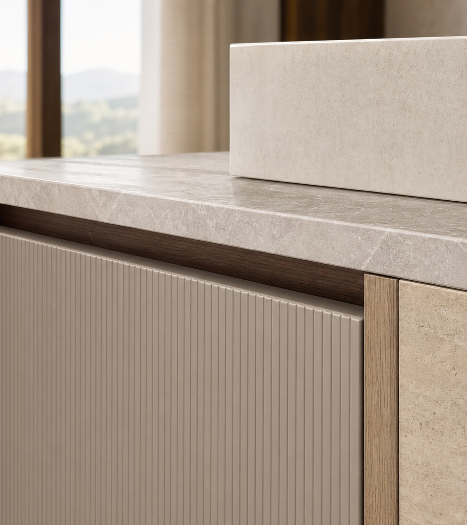 Fadior Voyage Bath Vanity Suite with Pearl Reed Wash Alcove — close-up of stainless steel finish and hardware detail