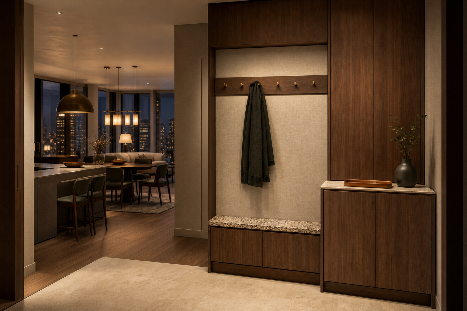 Fadior Ecliptic Entryway Suite with Limestone Threshold Valet Cabinet — interior room context showing cabinet integration