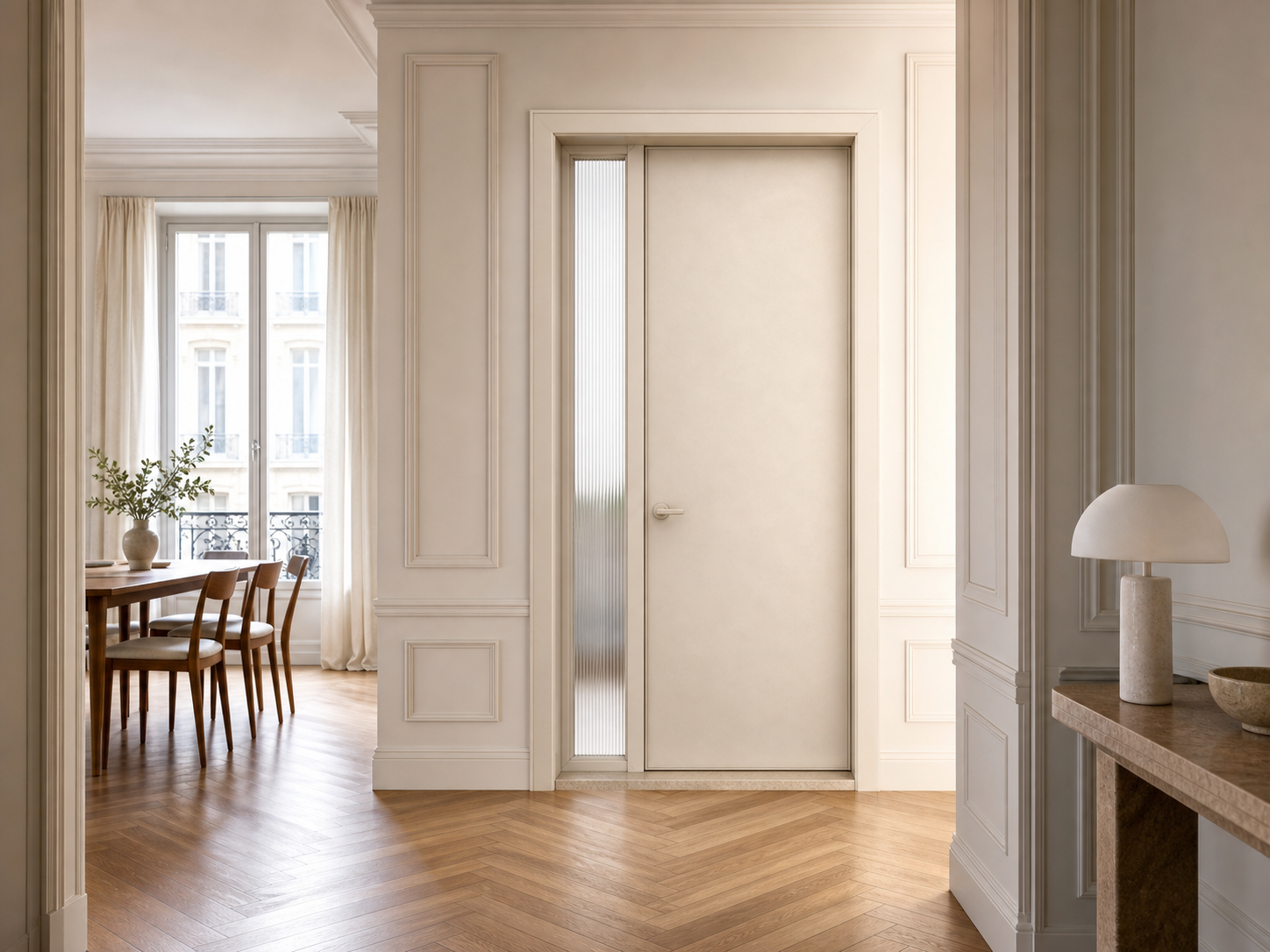 Fadior Alabaster Interior Door Suite with Fluted Sidelight Passage Door — interior room context showing cabinet integration
