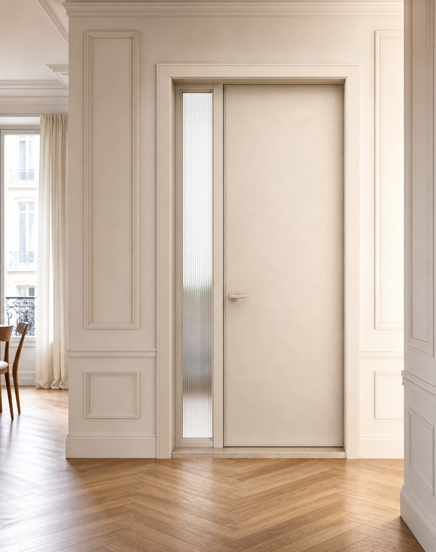 Fadior Alabaster Interior Door Suite with Fluted Sidelight Passage Door — interior room context showing cabinet integration