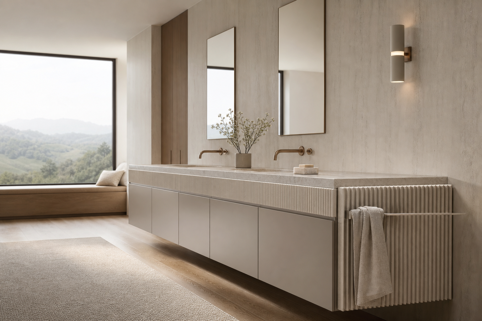Fadior Alcove Bath and Vanity Suite with Reeded Limestone Towel Datum — interior room context showing cabinet integration