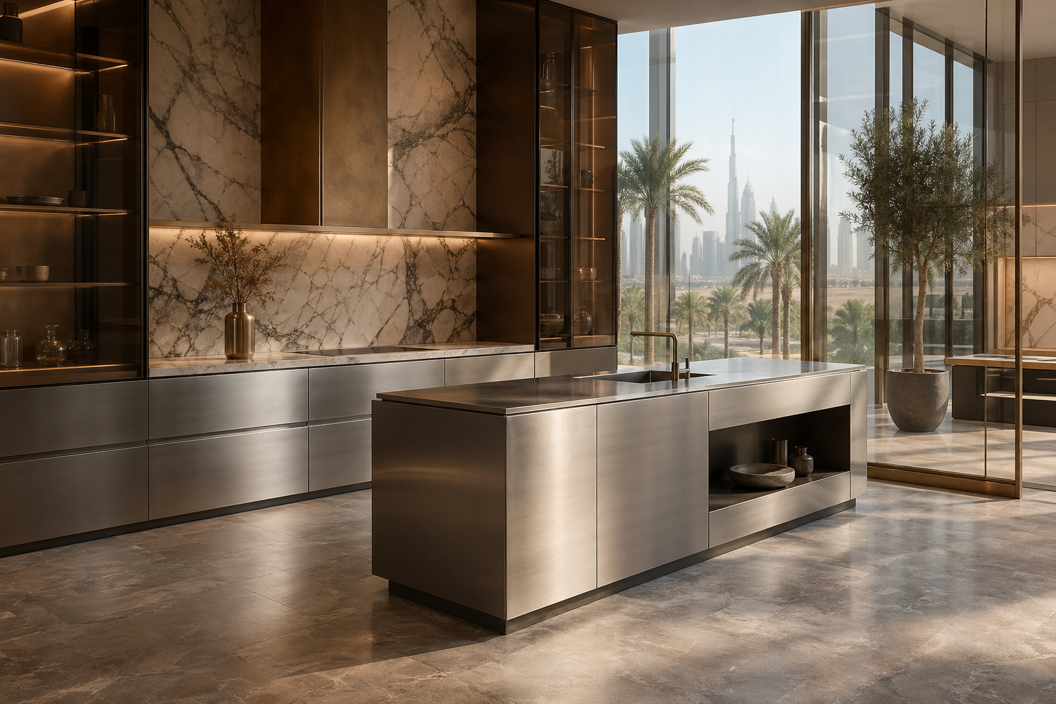 Fadior Dubai Design Gallery Showroom — stainless counter, marble wall, stone floor, desert window