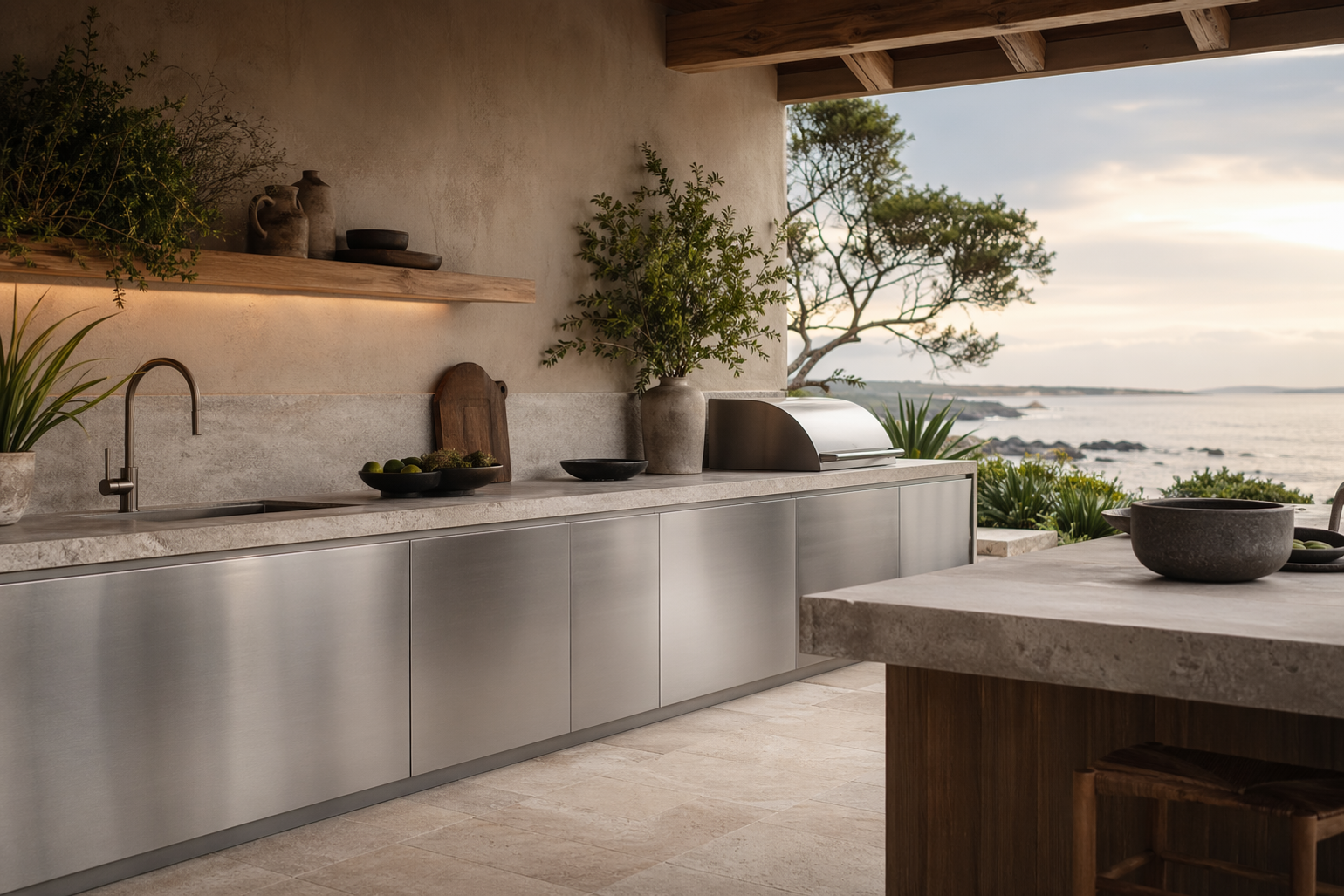 Outdoor stainless steel kitchen on a humid coast with ocean view