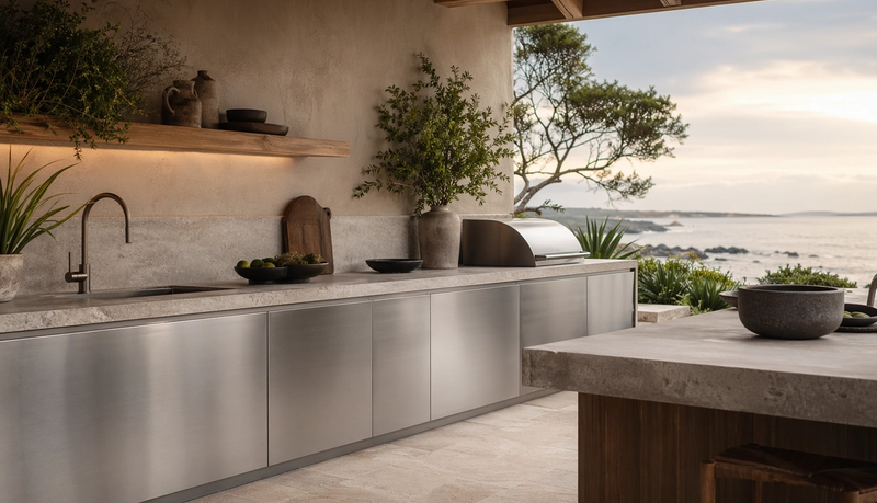 Outdoor kitchen atmosphere study: brushed 304 stainless steel cabinets beneath a covered coastal terrace at golden hour.