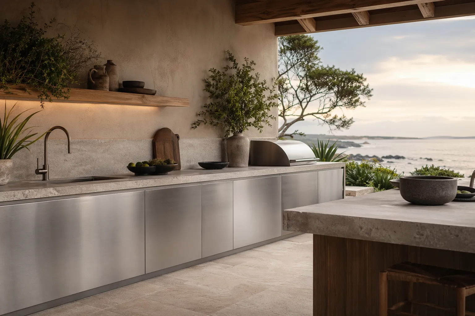Cocina exterior de acero inoxidable en una costa húmeda con vista al océano