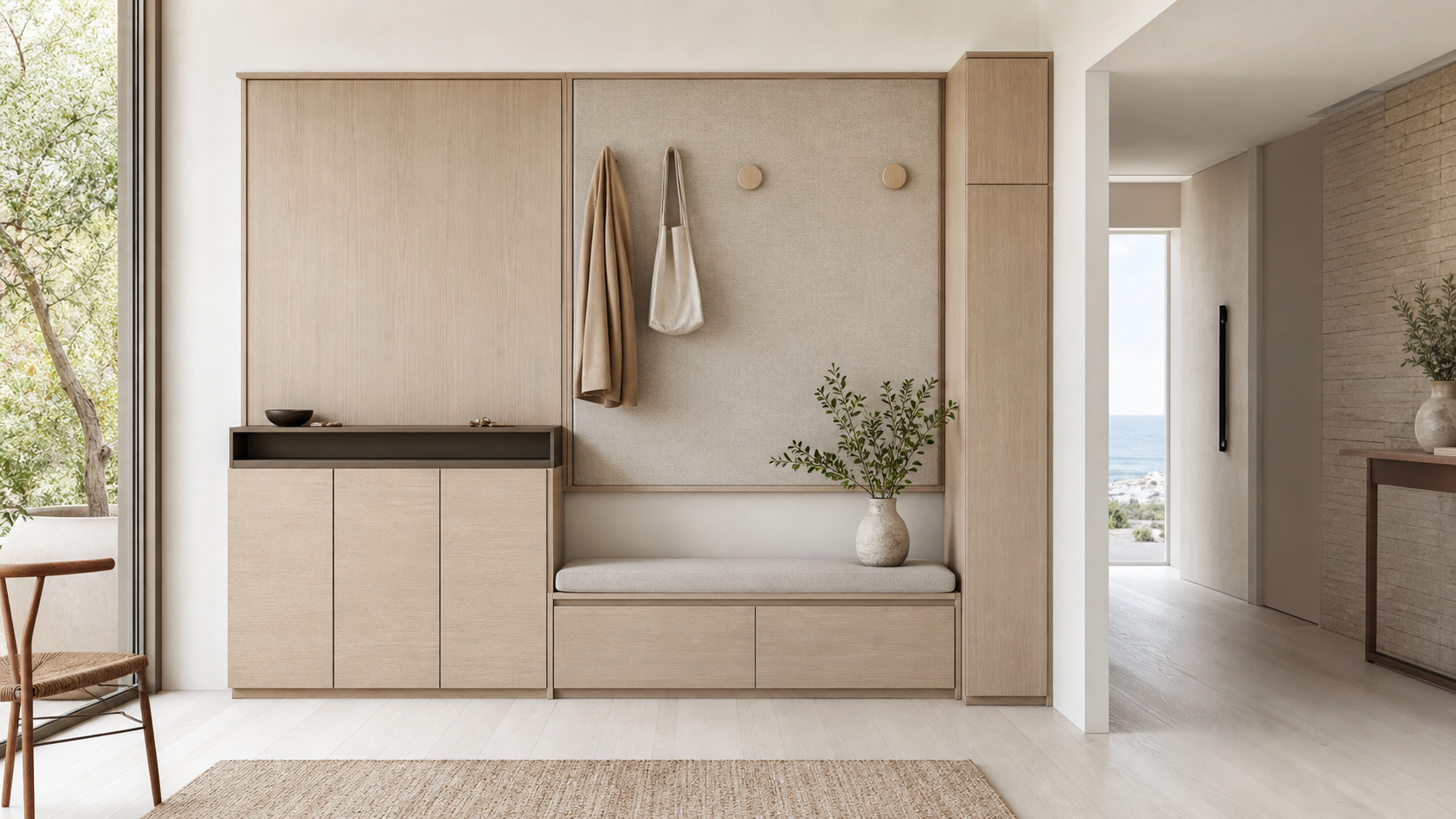 Fadior Ecliptic Entryway Suite with Bronze Maildrop Console — lifestyle setting with natural light and residential styling