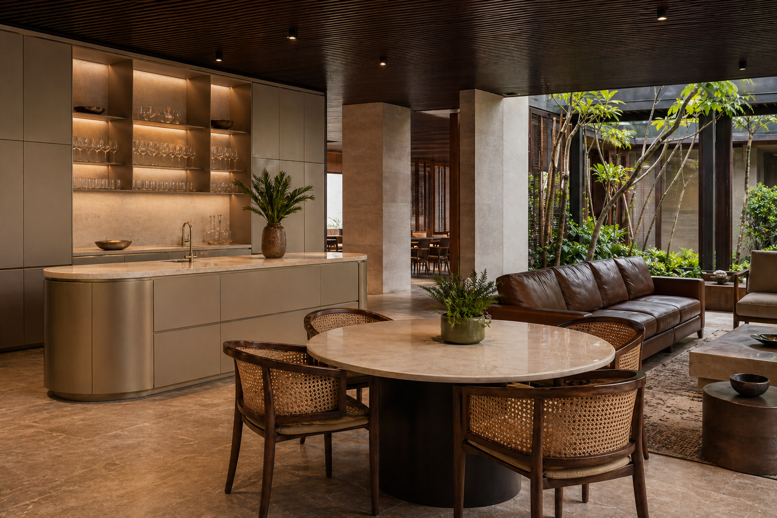 Fadior Singapore Private Club — bar cabinet, dining table, lounge sofa, courtyard window