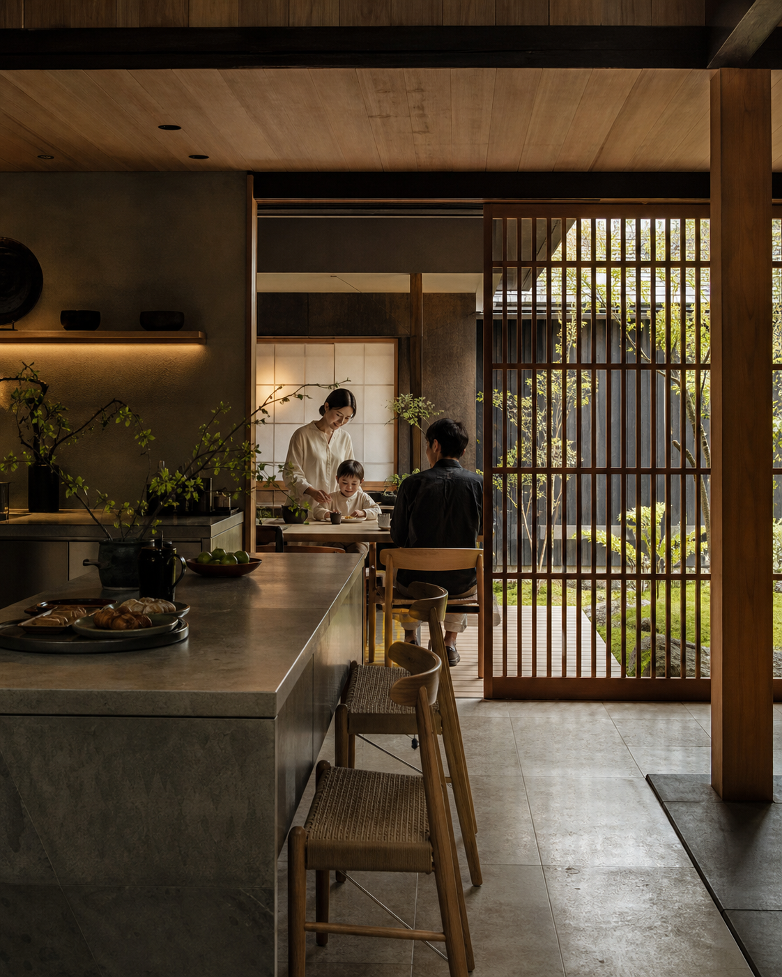 Fadior Osaka 650 sqm Kitchen Villa - island, stools, family cooking, garden screen