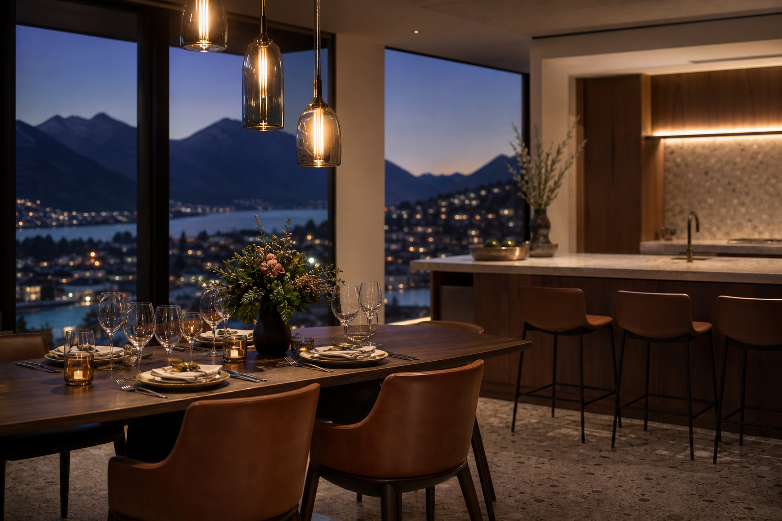 Fadior Queenstown 185 sqm Kitchen Penthouse — Queenstown Kitchen Penthouse — table, chairs, island, window, pendant