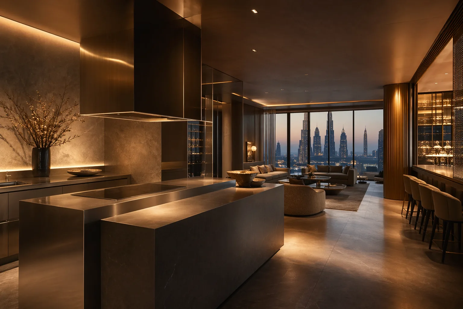 Dubai Downtown penthouse — 304 stainless steel kitchen overlooking the city skyline at night