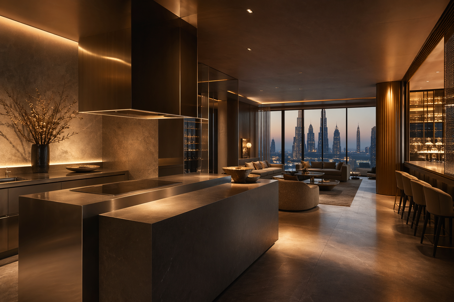 Dubai Downtown penthouse — 304 stainless steel kitchen overlooking the city skyline at night