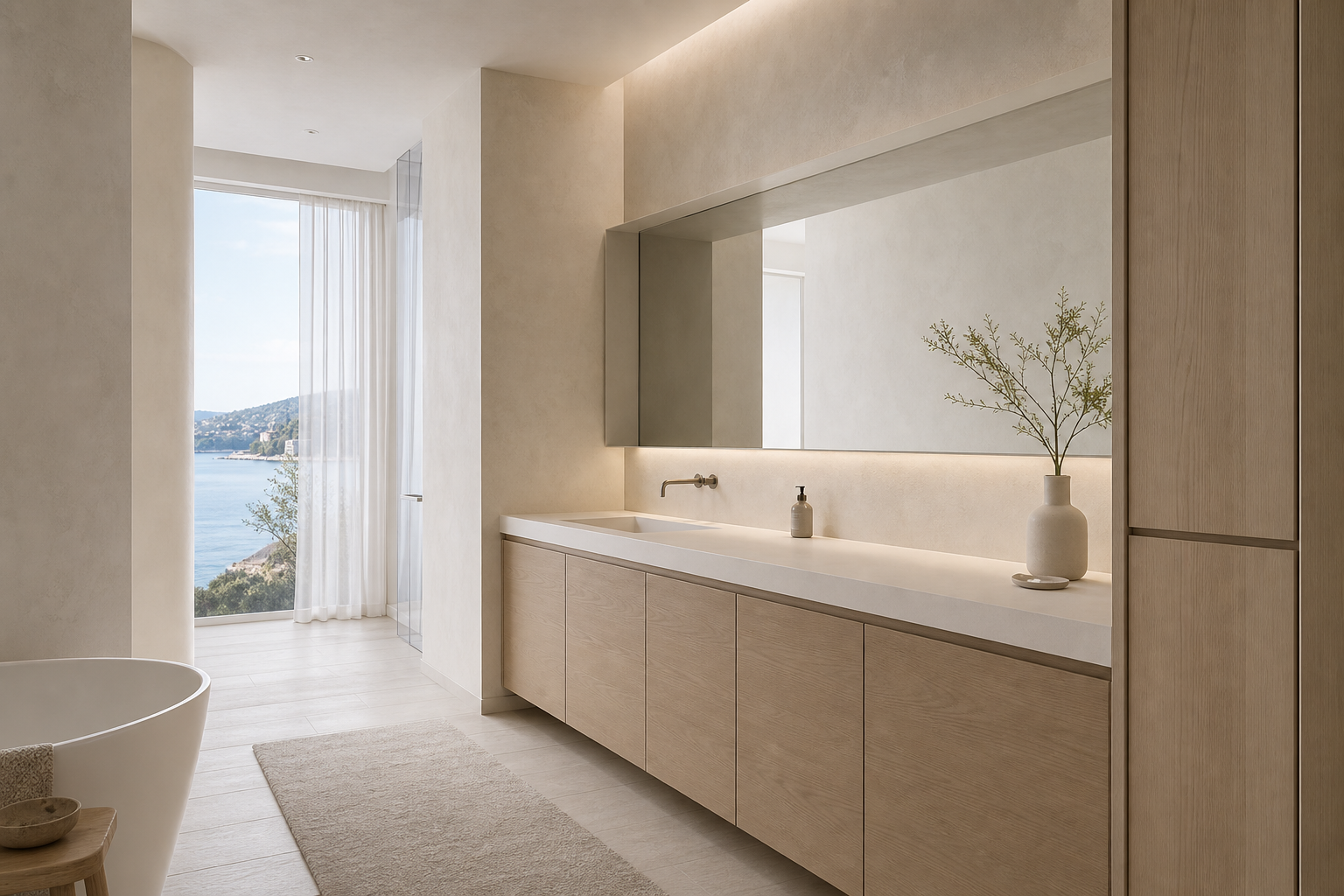 Fadior Voyage Bath Suite with Specifier Ready Wash Wall — interior room context showing cabinet integration