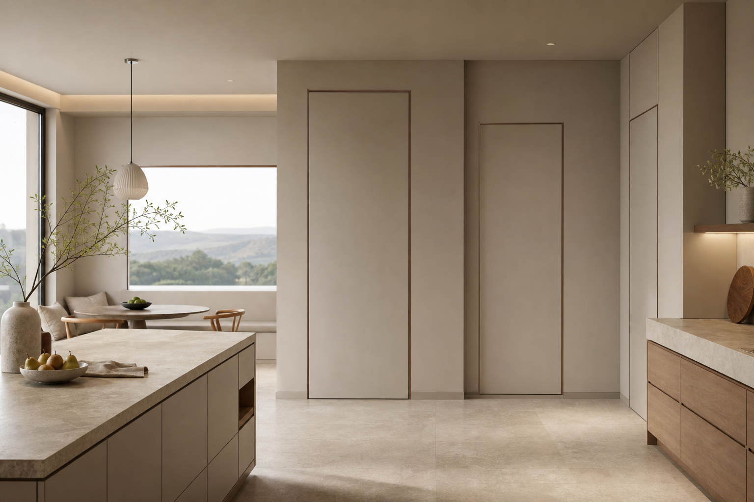 Fadior Alabaster Interior Door Suite with Flexible Passage Wall — interior room context showing cabinet integration