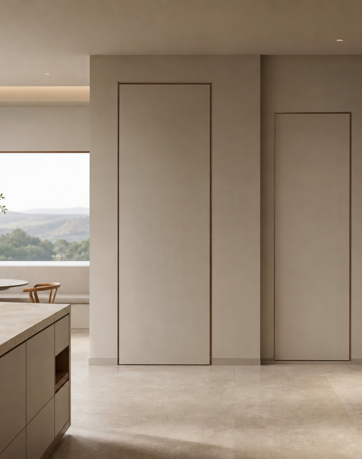 Fadior Alabaster Interior Door Suite with Flexible Passage Wall — interior room context showing cabinet integration