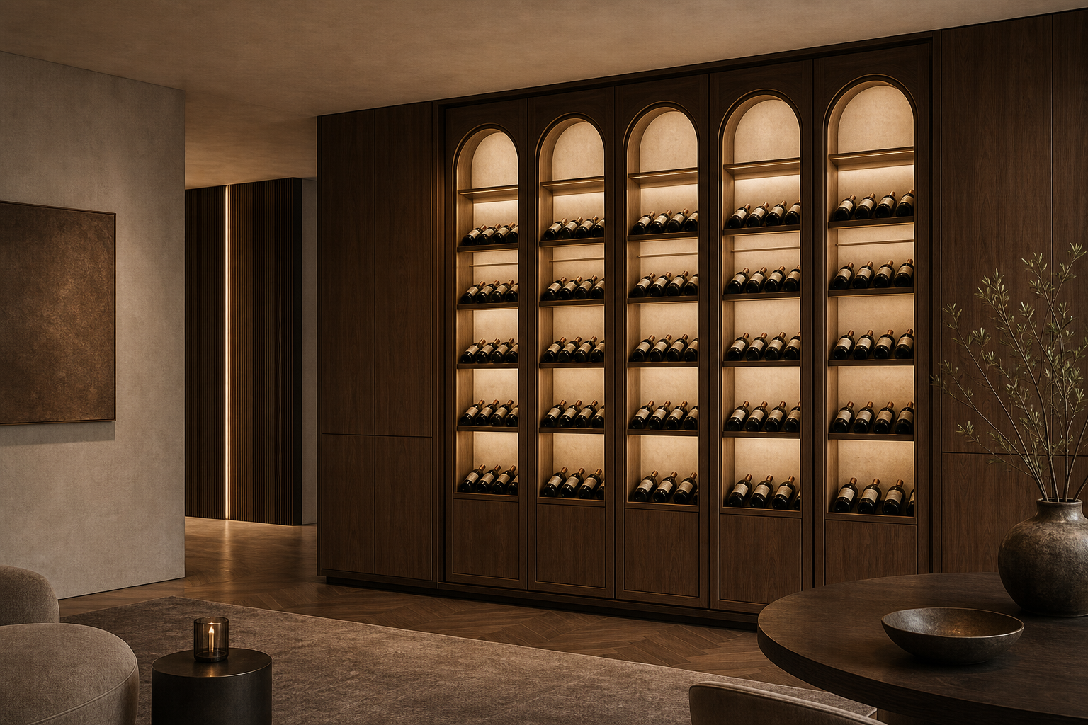 Fadior Cru Wine Cabinet Suite with Arched Cellar Ribbon — lifestyle setting with natural light and residential styling