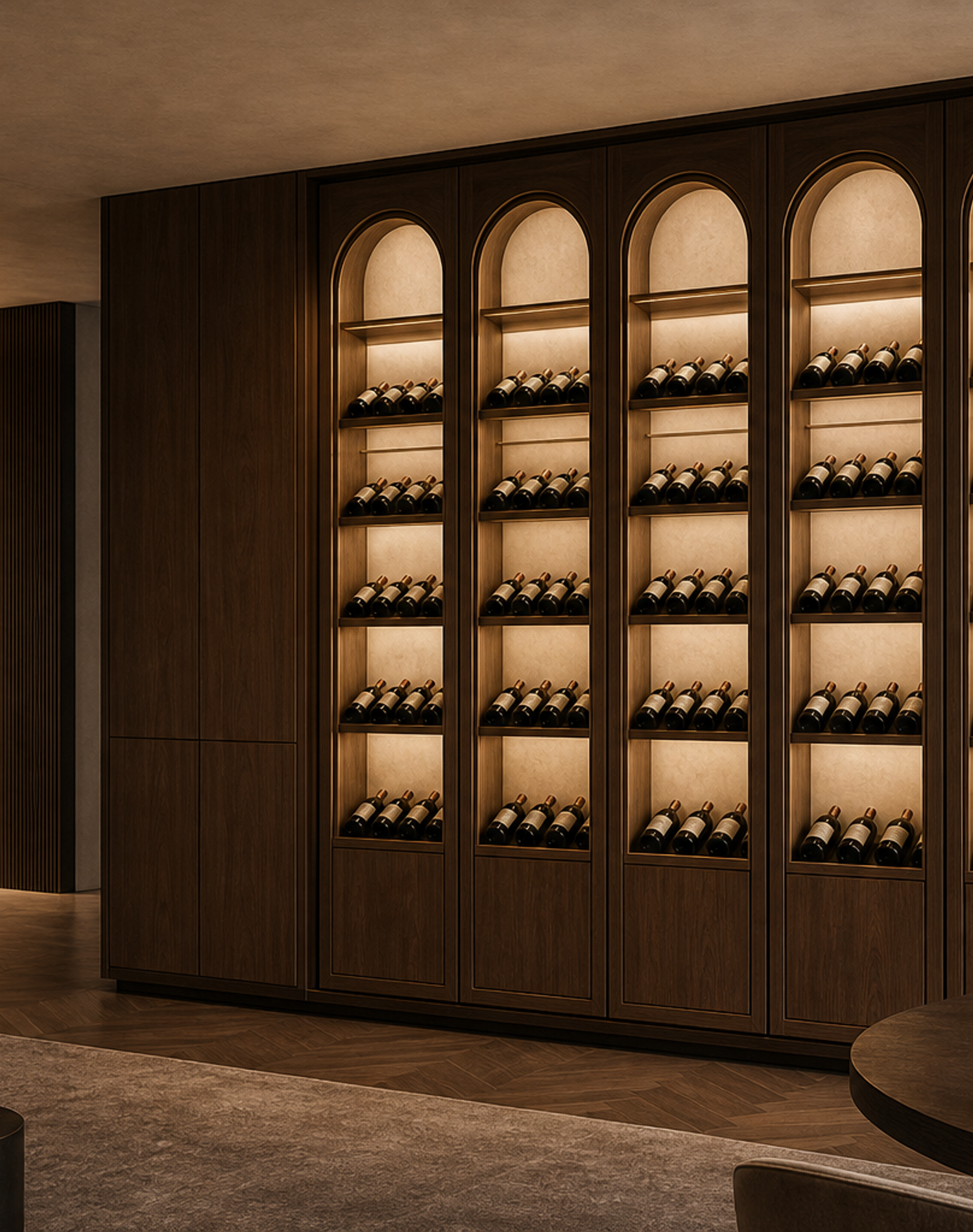 Fadior Cru Wine Cabinet Suite with Arched Cellar Ribbon — lifestyle setting with natural light and residential styling