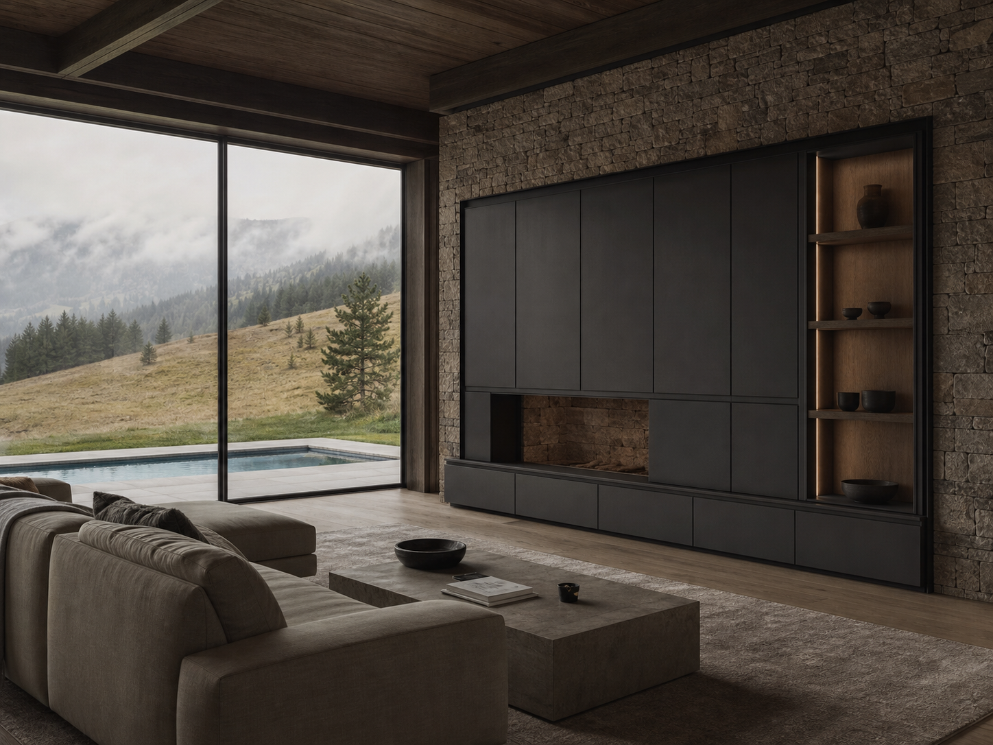 Fadior Zenith Living Room Suite with Charcoal Plinth Display Bay — interior room context showing cabinet integration