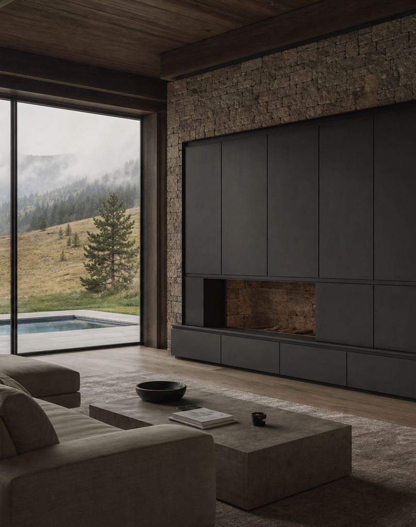 Fadior Zenith Living Room Suite with Charcoal Plinth Display Bay — interior room context showing cabinet integration