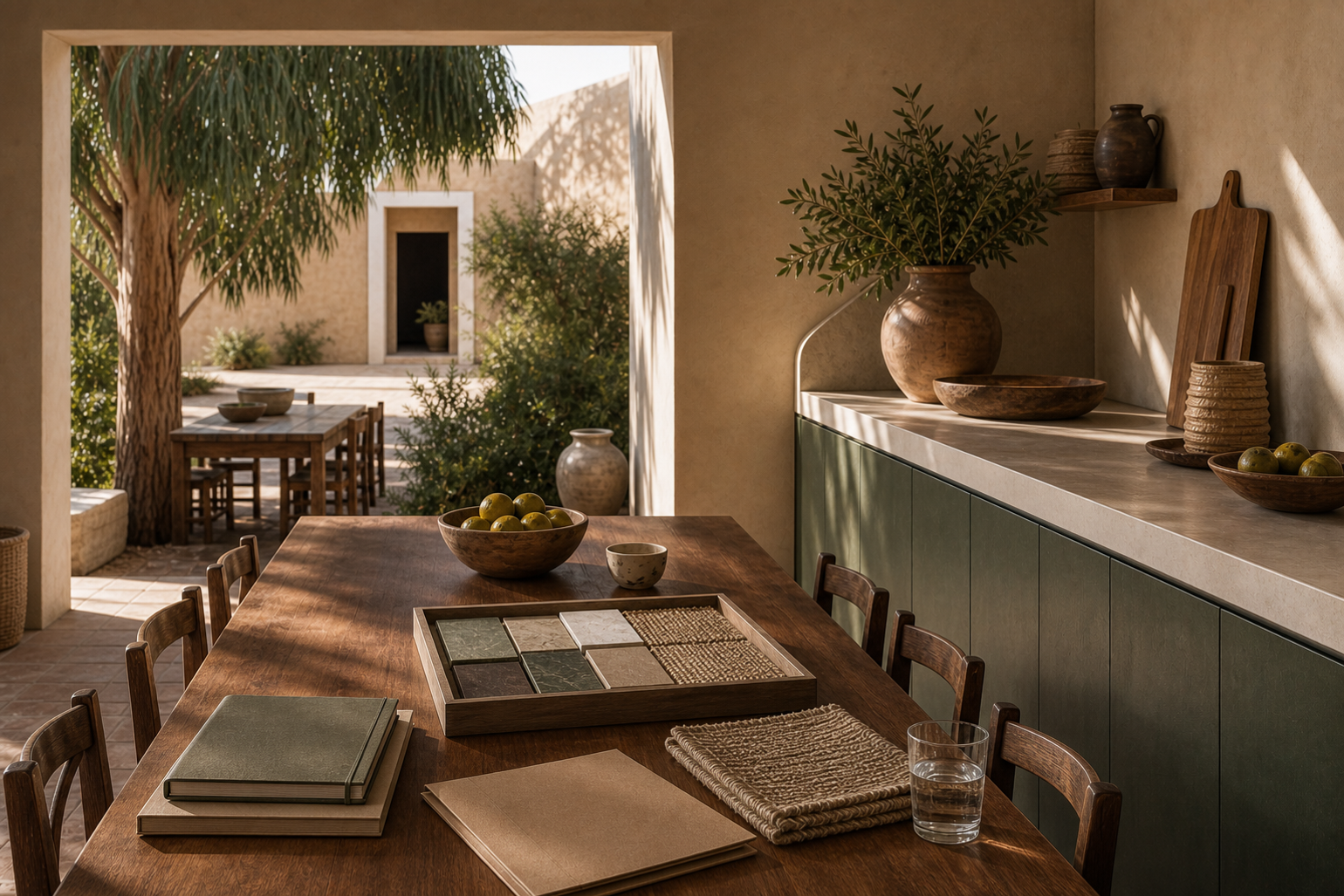 Lifestyle context: quiet courtyard dining table with blank notebooks and material tray for a design handoff.