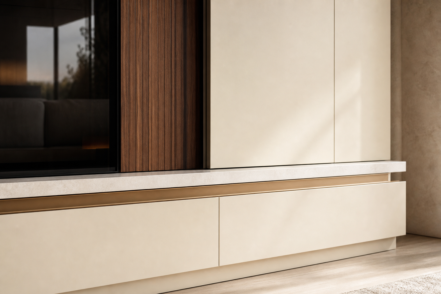 Fadior Veneto Living Room Suite with Modular Media Wall — close-up of stainless steel finish and hardware detail