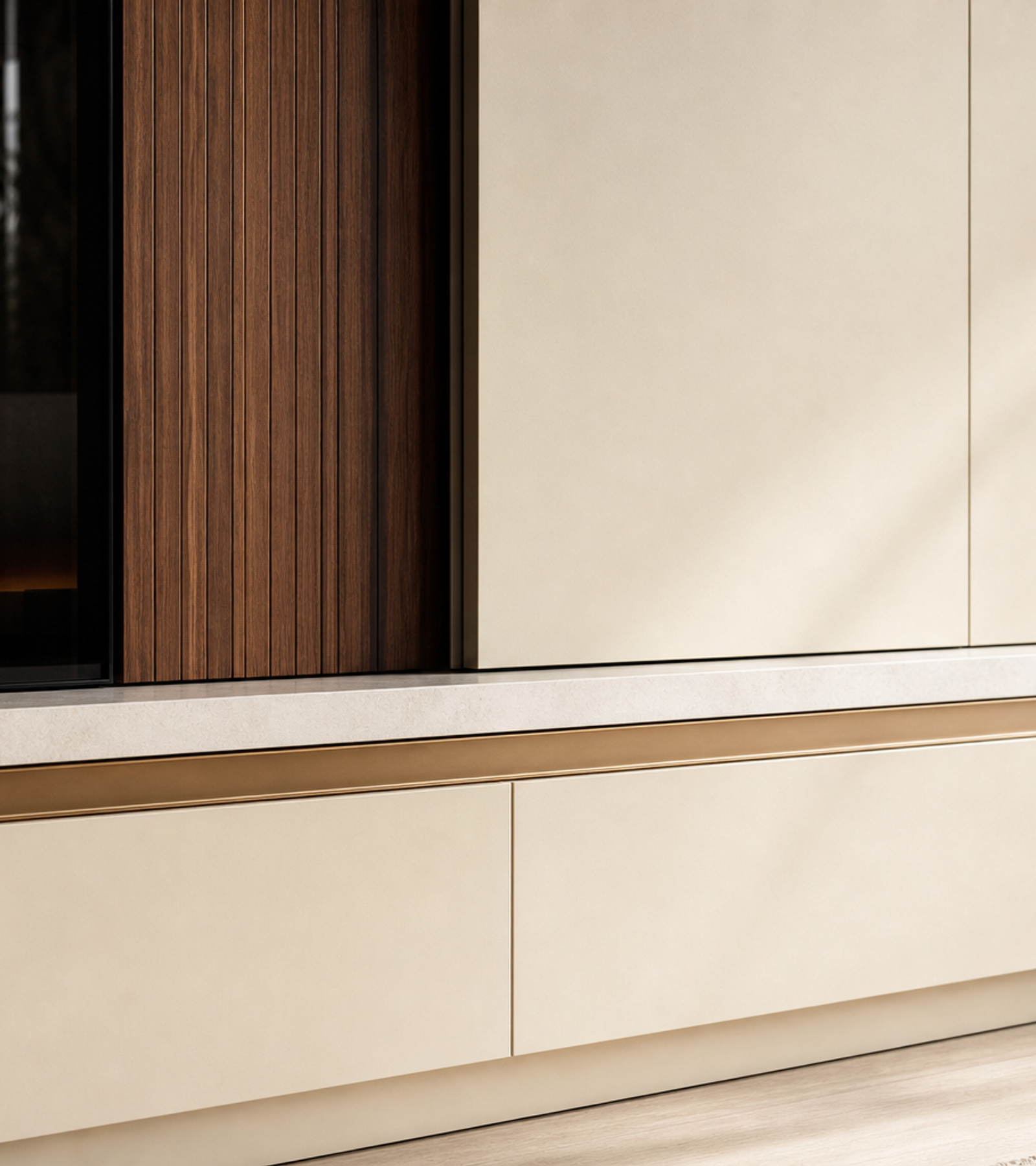 Fadior Veneto Living Room Suite with Modular Media Wall — close-up of stainless steel finish and hardware detail