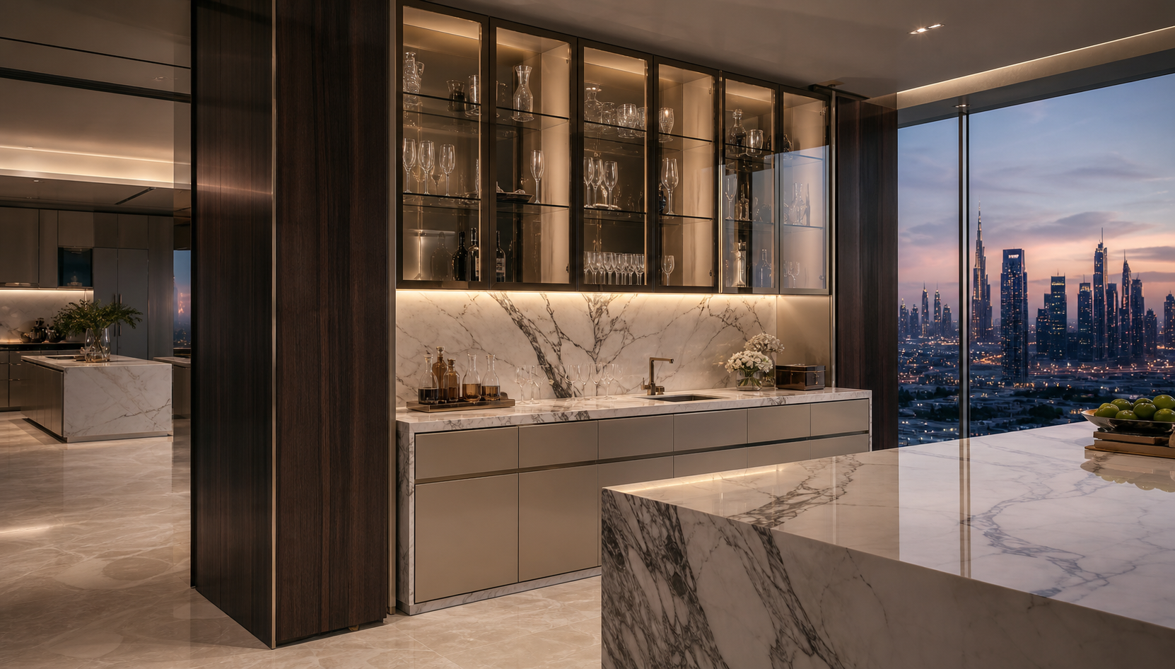 Fadior Dubai 185 sqm Kitchen Penthouse — Dubai pantry wall, glass cabinet, marble counter, walnut panel, skyline