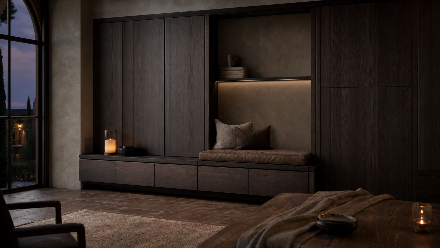 Fadior Patina Living Room Suite with Floating Banquette Console — lifestyle setting with natural light and residential styling