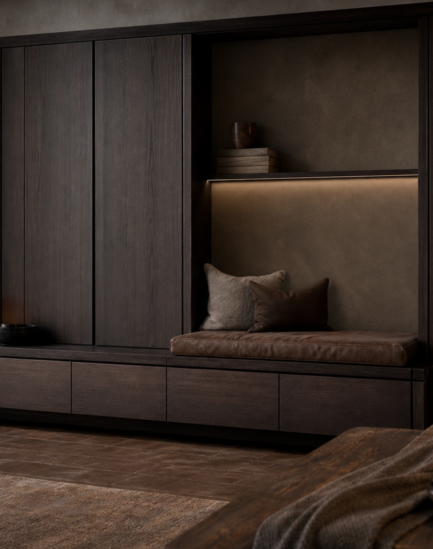 Fadior Patina Living Room Suite with Floating Banquette Console — lifestyle setting with natural light and residential styling