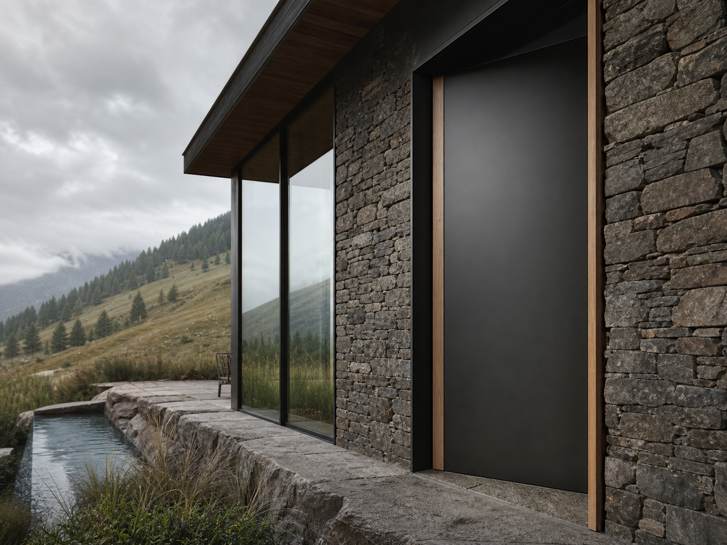 Fadior Alabaster Interior Door Suite with Linear Service Axis Door — interior room context showing cabinet integration
