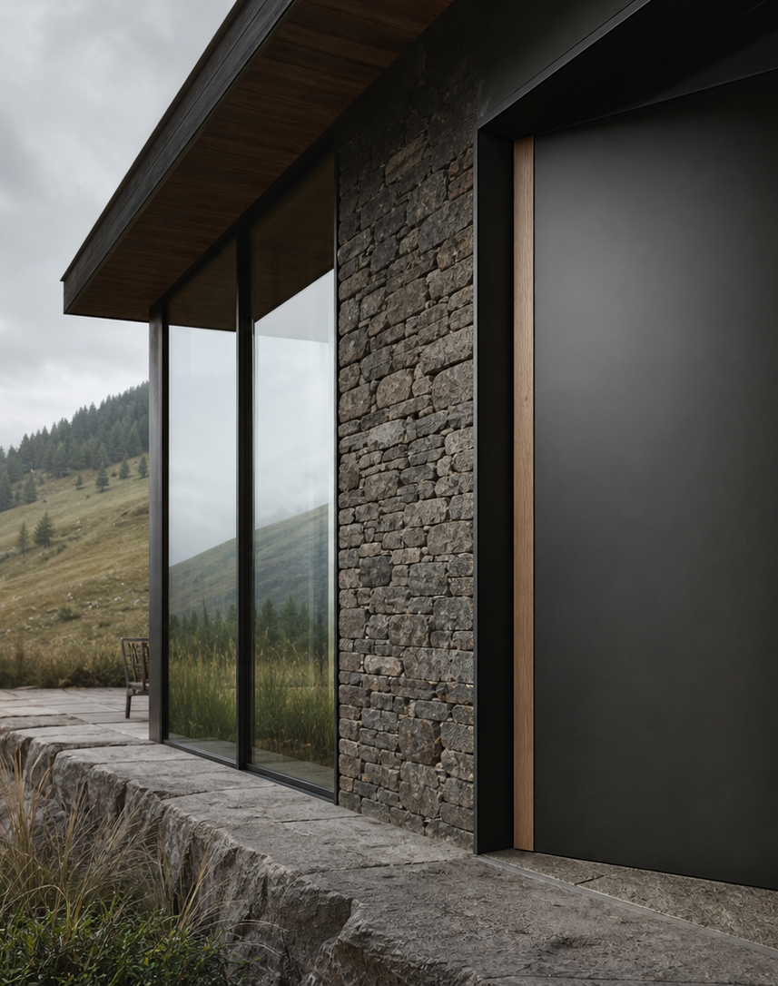 Fadior Alabaster Interior Door Suite with Linear Service Axis Door — interior room context showing cabinet integration