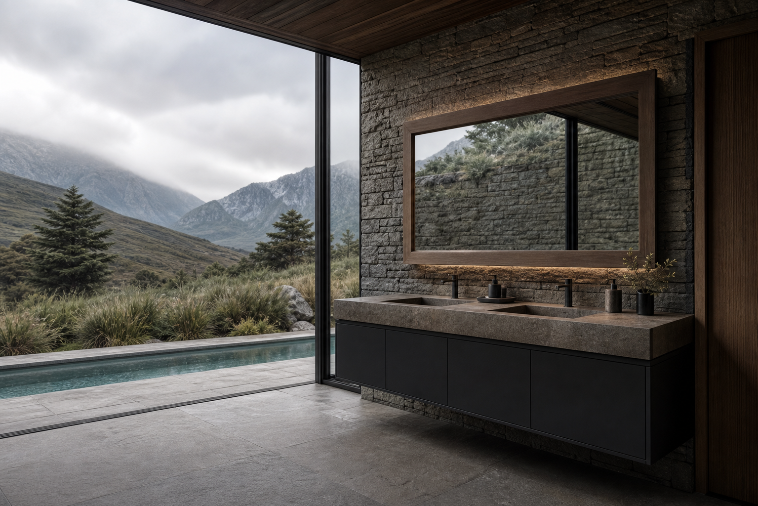 Fadior Verve Bath and Vanity Suite with Twin Glow Basin Ledge — interior room context showing cabinet integration