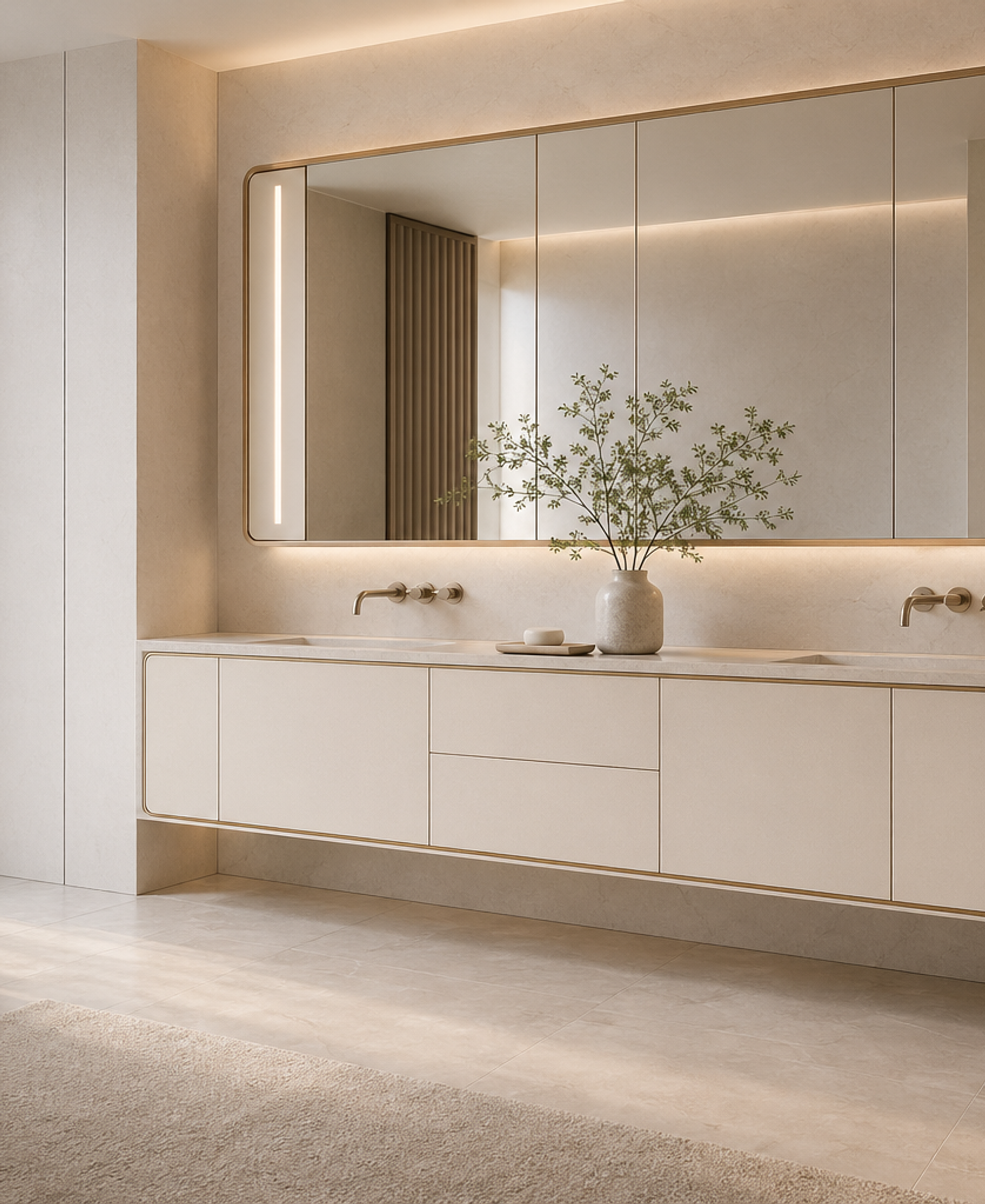 Fadior Alcove Bath and Vanity Suite with Pearl Frame Vanity Run — 304 stainless steel bath and vanity system, front view