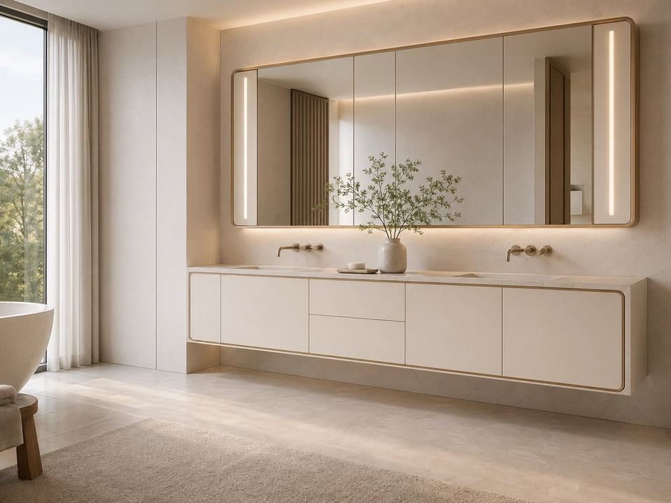 Fadior Alcove Bath and Vanity Suite with Pearl Frame Vanity Run — 304 stainless steel bath and vanity system, front view