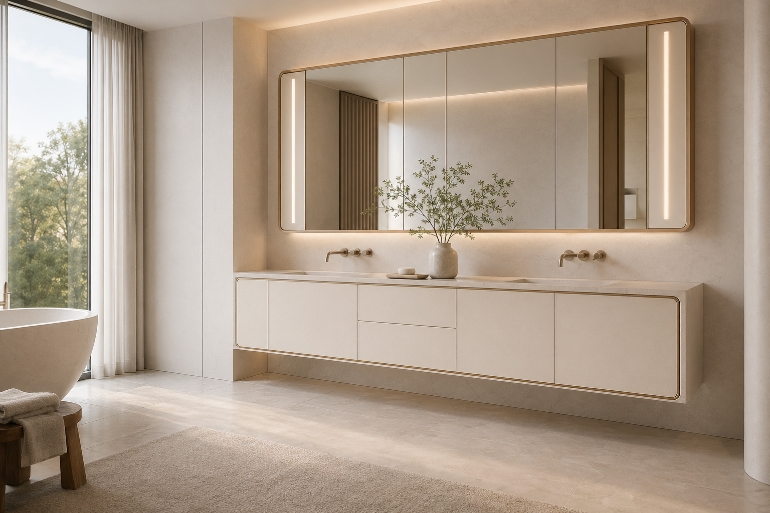 Fadior Alcove Bath and Vanity Suite with Pearl Frame Vanity Run — 304 stainless steel bath and vanity system, front view