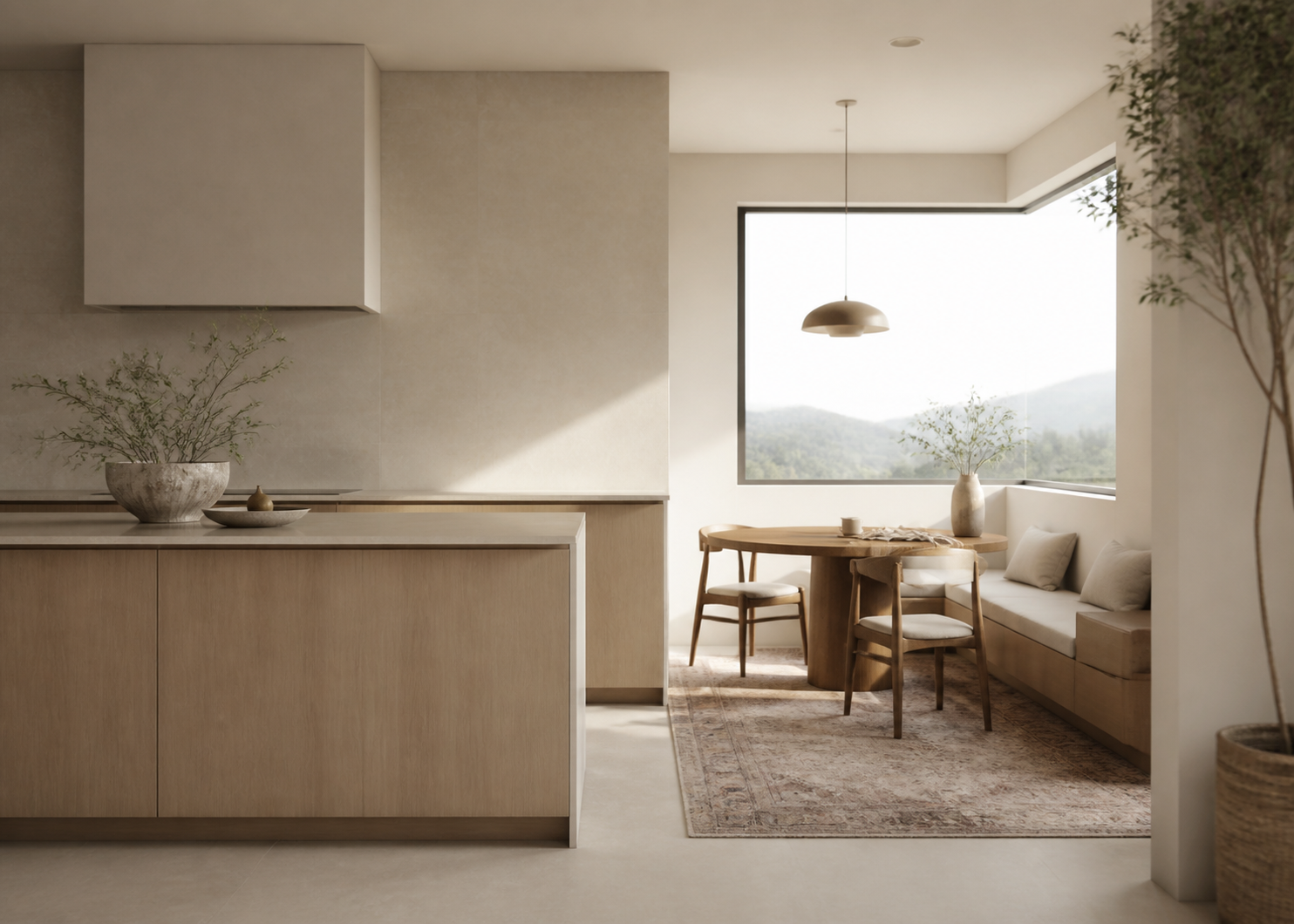 Lifestyle context: quiet breakfast seating on a woven rug in a light-filled warm kitchen.