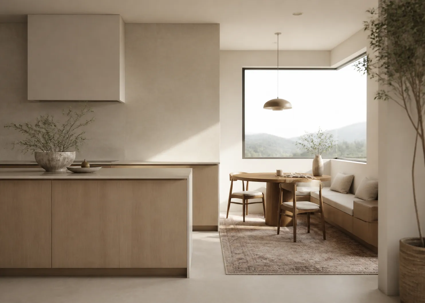 Lifestyle context: quiet breakfast seating on a woven rug in a light-filled warm kitchen.