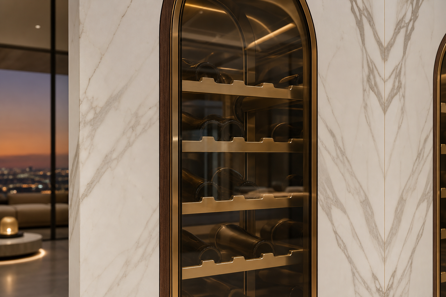 Fadior Estuary Wine Cabinet Suite with Calacatta Magnum Arcade — close-up of stainless steel finish and hardware detail