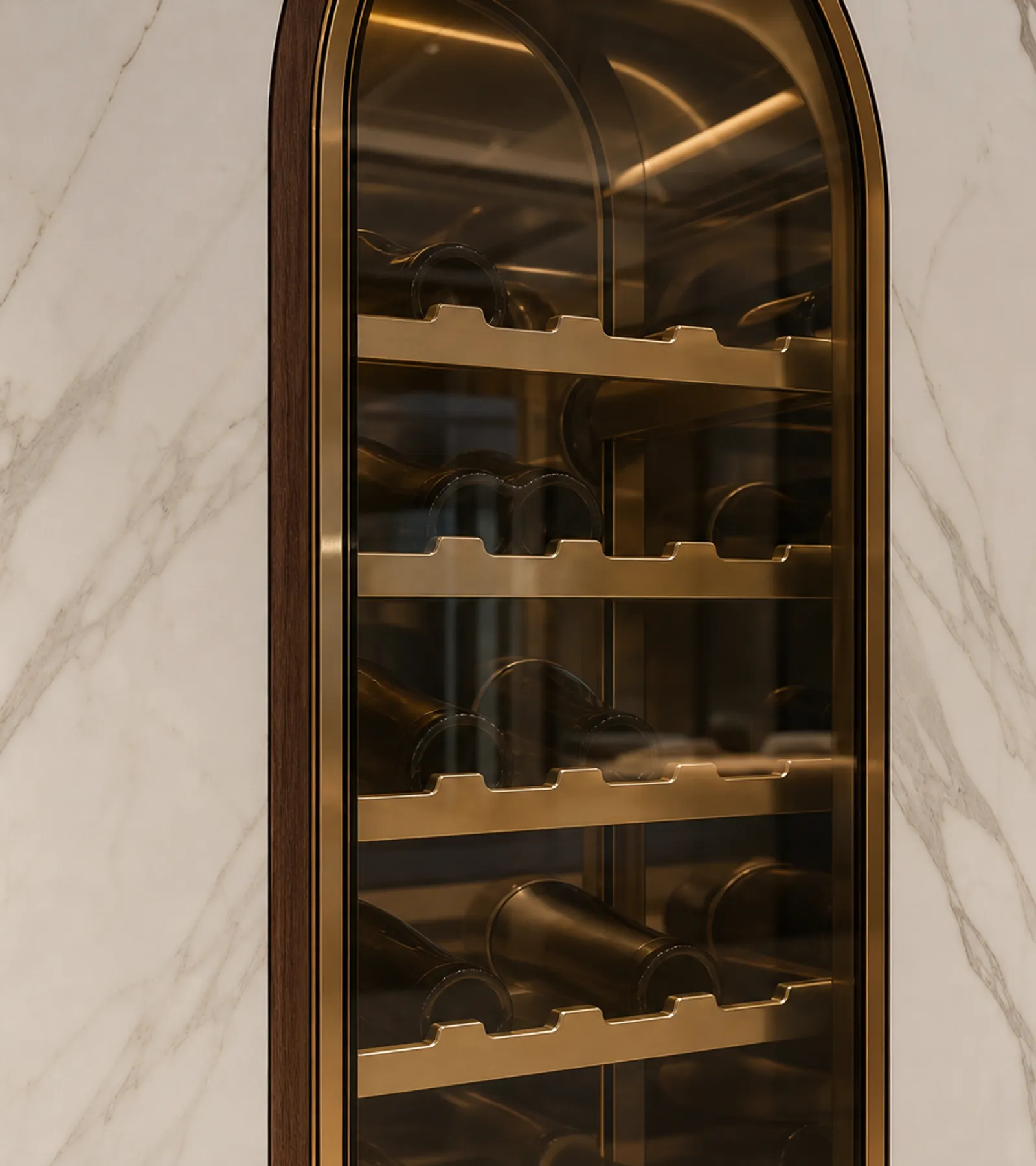 Fadior Estuary Wine Cabinet Suite with Calacatta Magnum Arcade — close-up of stainless steel finish and hardware detail