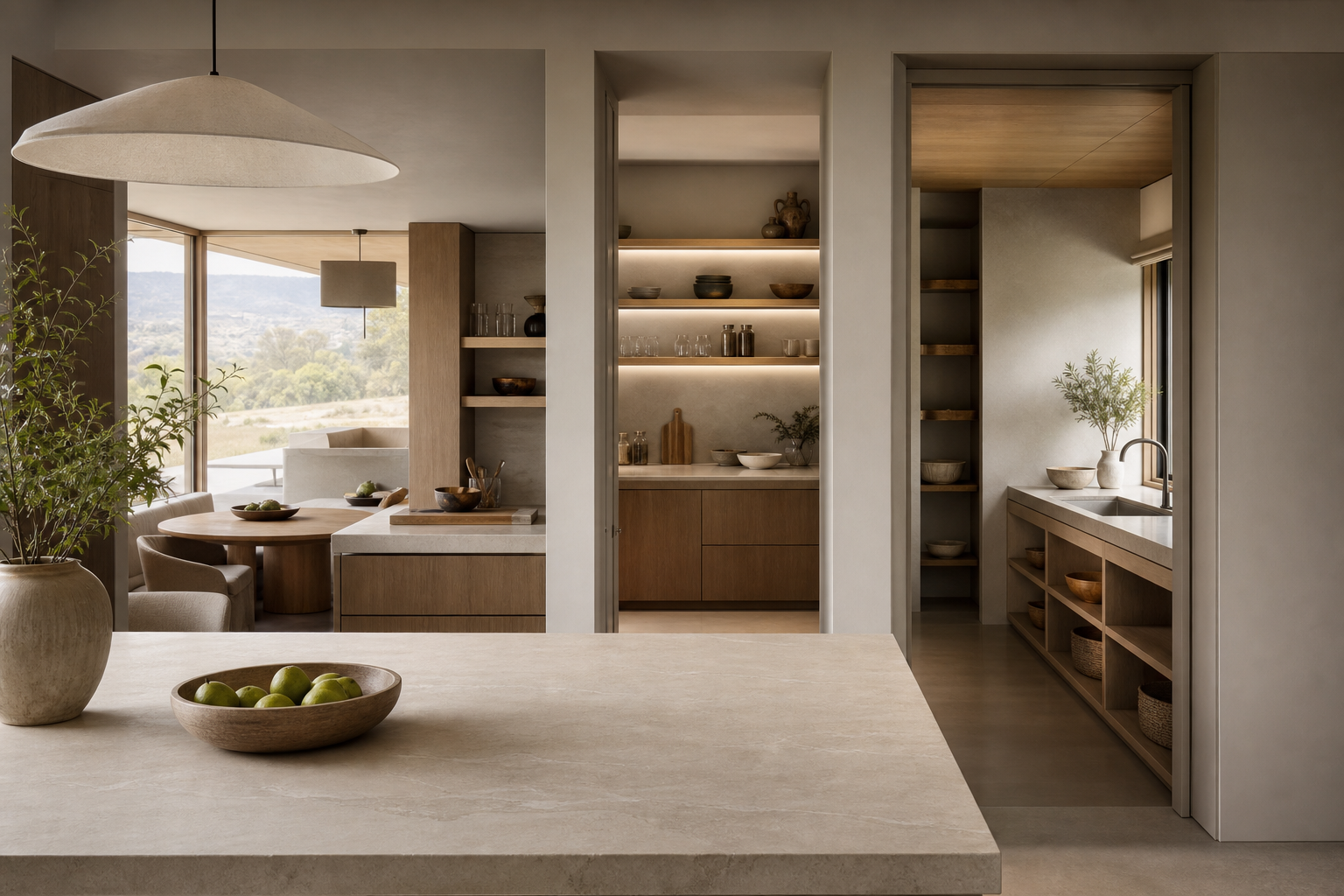 Layered main kitchen pantry and hidden prep zone decision scene