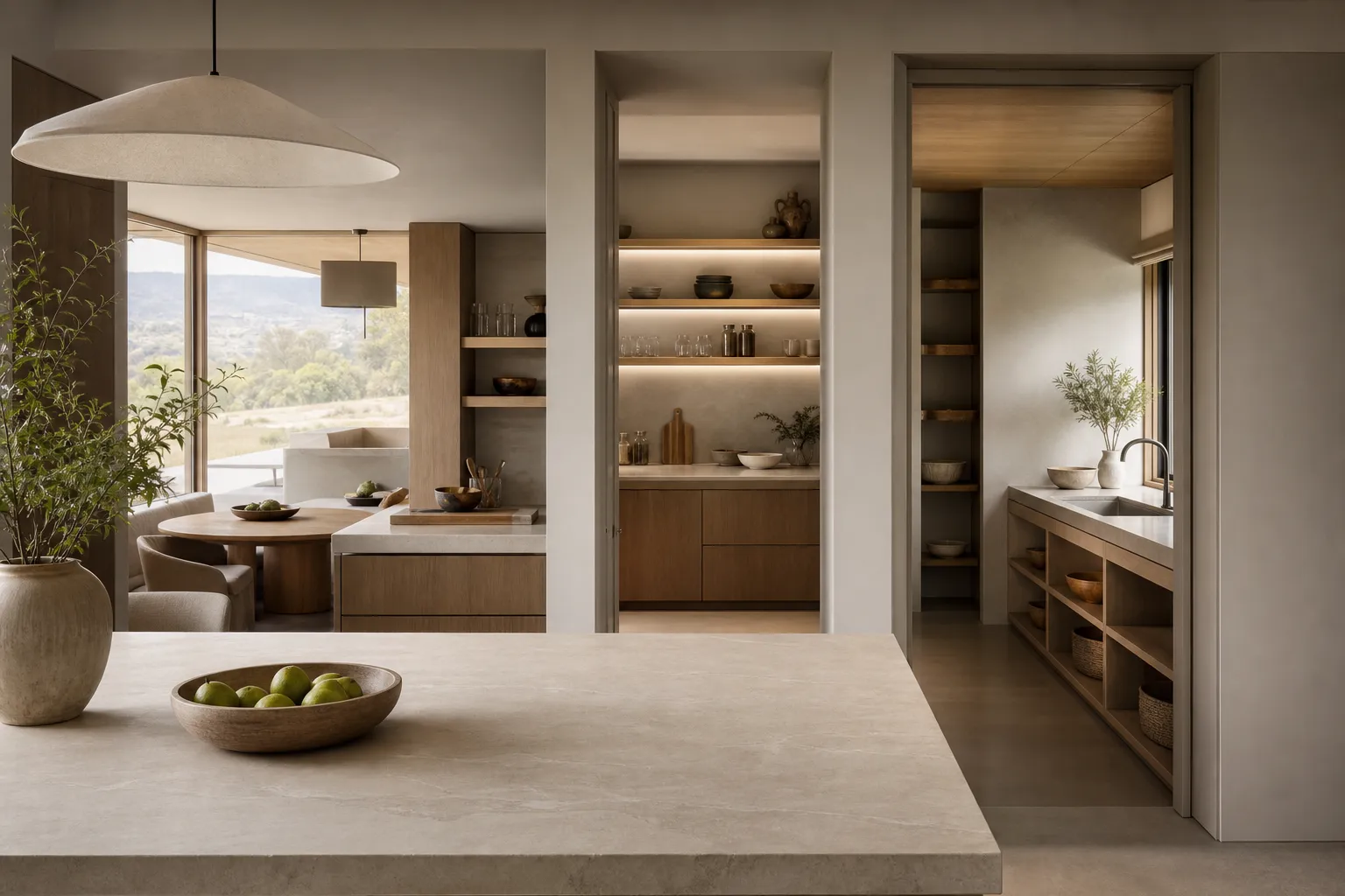 Layered main kitchen pantry and hidden prep zone decision scene