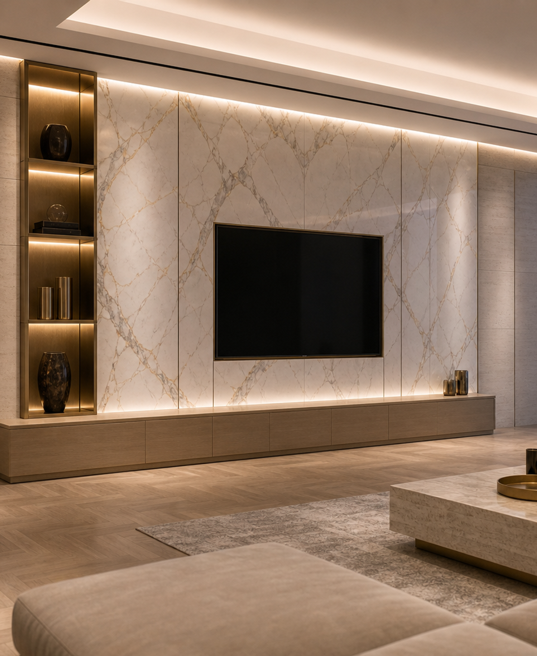 Fadior Zenith Living Room Suite with Oak Datum Listening Niche — 304 stainless steel living room system, front view