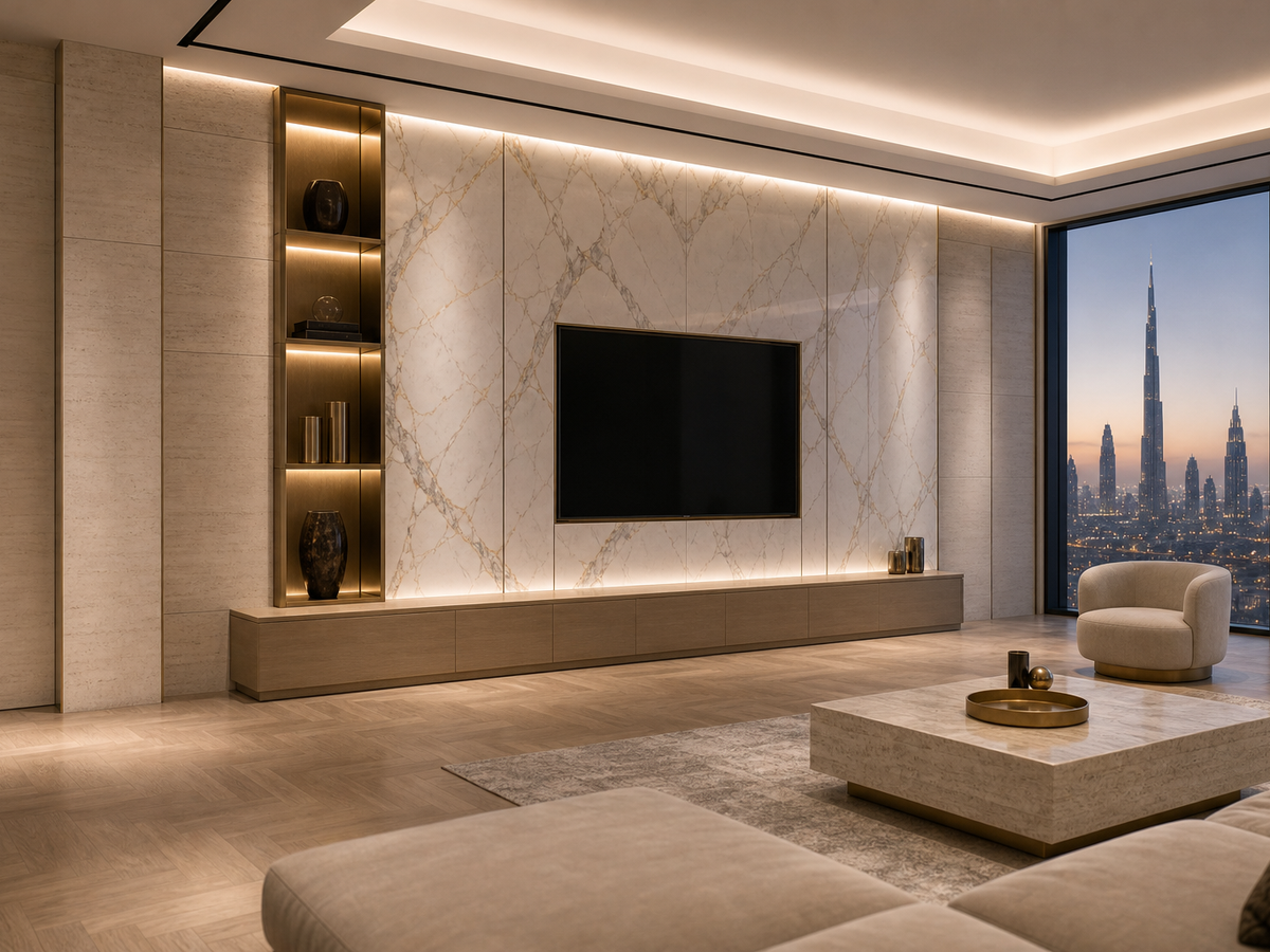 Fadior Zenith Living Room Suite with Oak Datum Listening Niche — 304 stainless steel living room system, front view