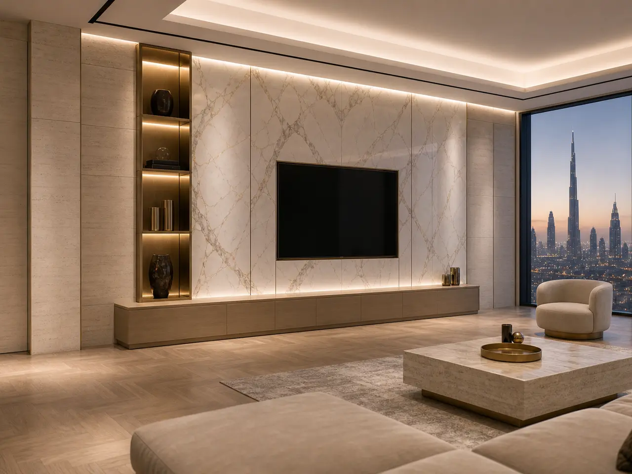 Fadior Zenith Living Room Suite with Oak Datum Listening Niche - stainless steel living room cabinetry with media storage, display shelving, concealed devices, and residential finishes