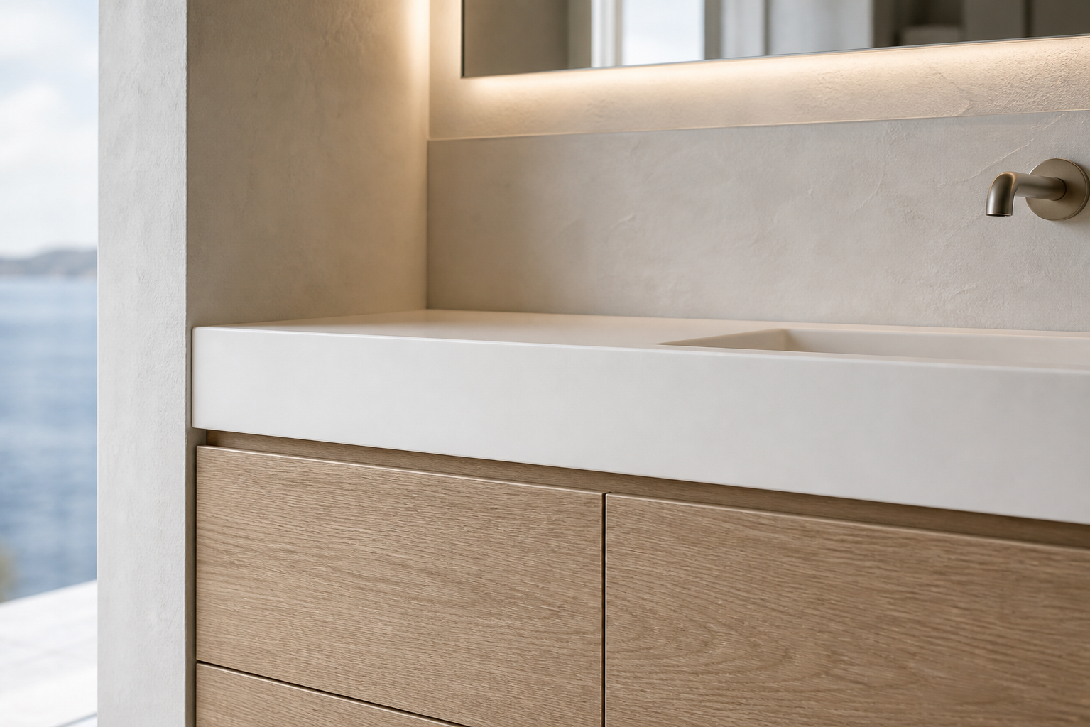 Fadior Ethereal Connected Spa Vanity Wall — close-up of stainless steel finish and hardware detail