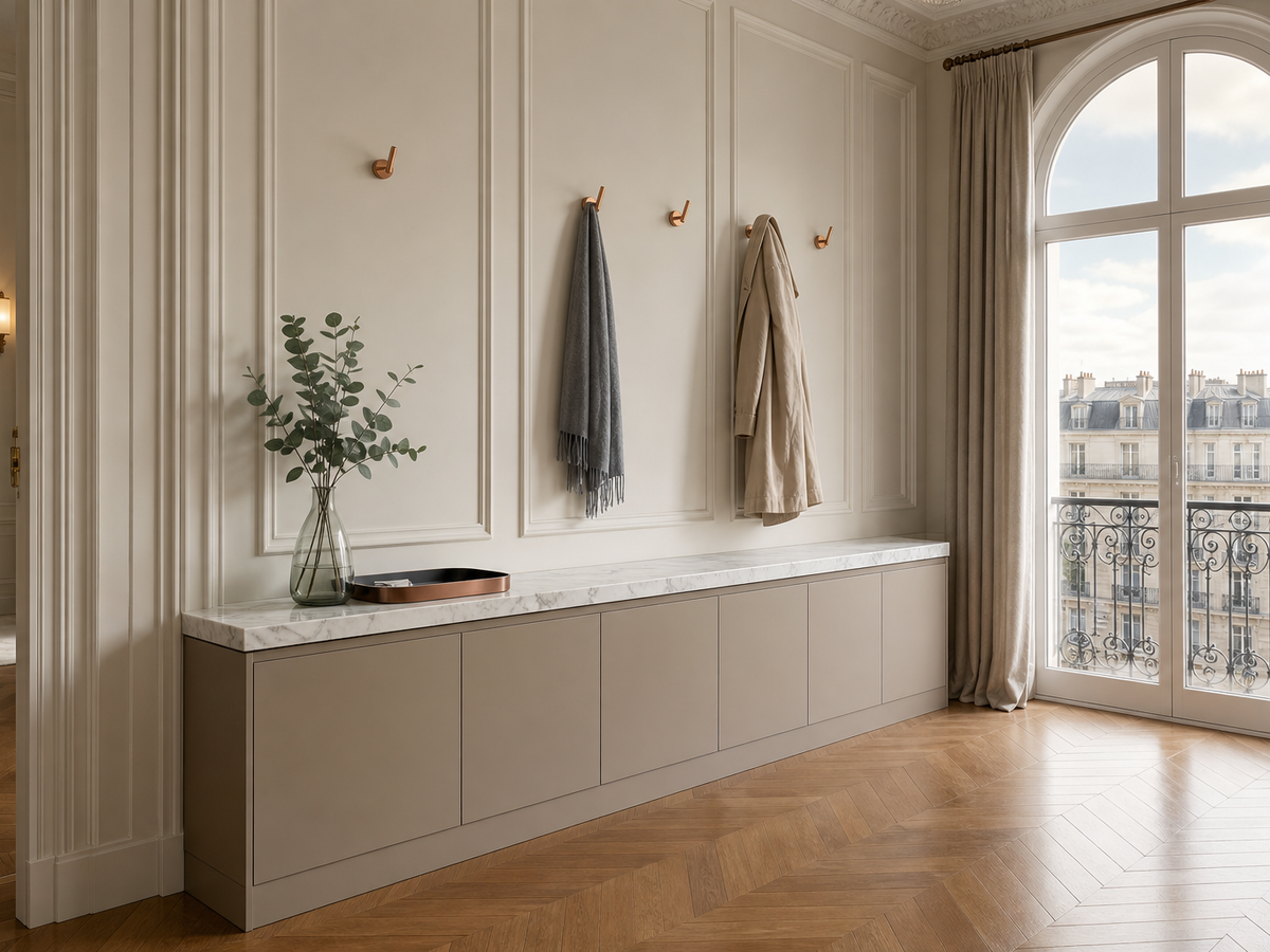 Fadior Loggia Entryway Suite with Touch-Clean Mudroom Console — 304 stainless steel entryway system, front view
