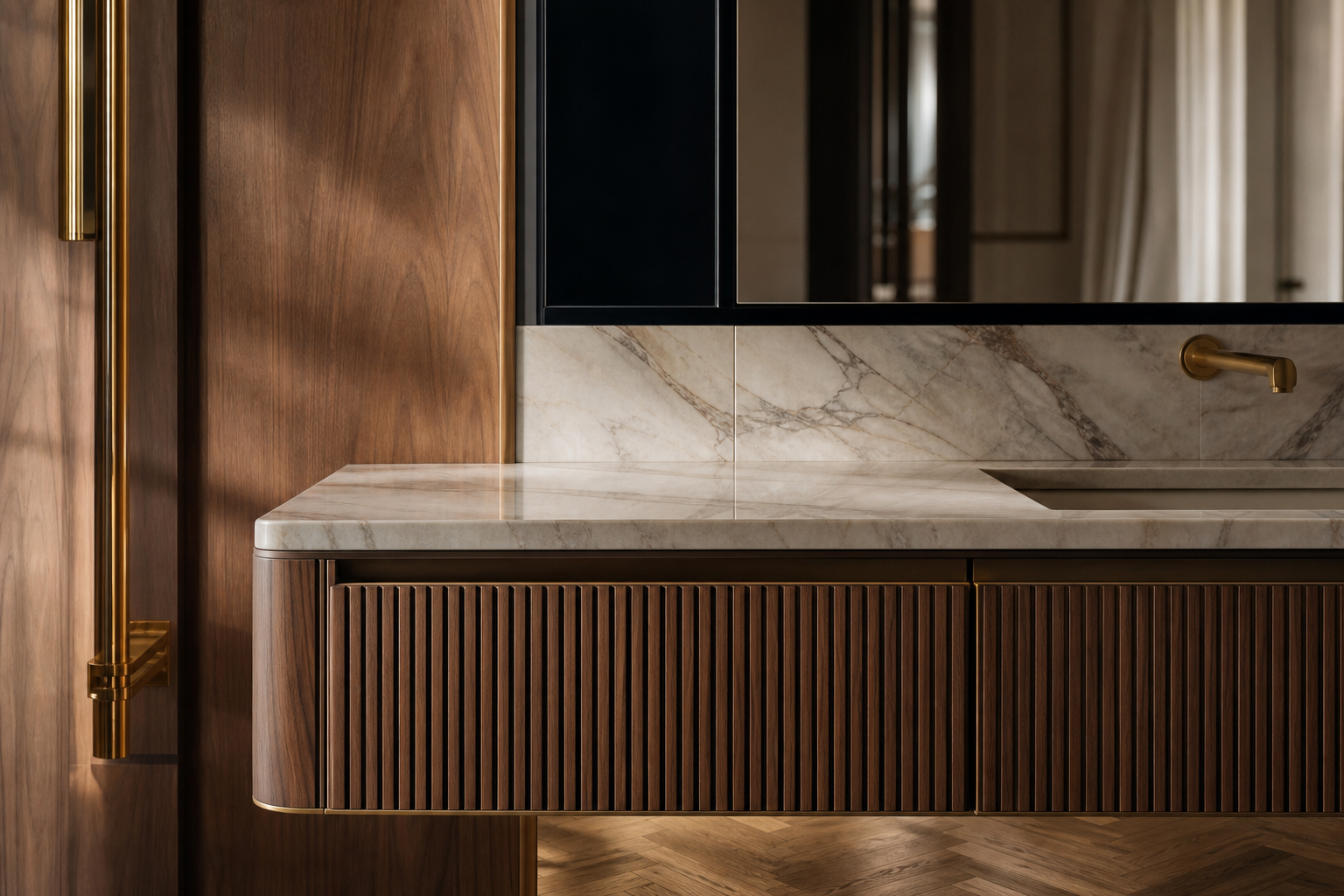 Fadior Verve Bath and Vanity Suite with Fluted Halo Wash Wall — close-up of stainless steel finish and hardware detail