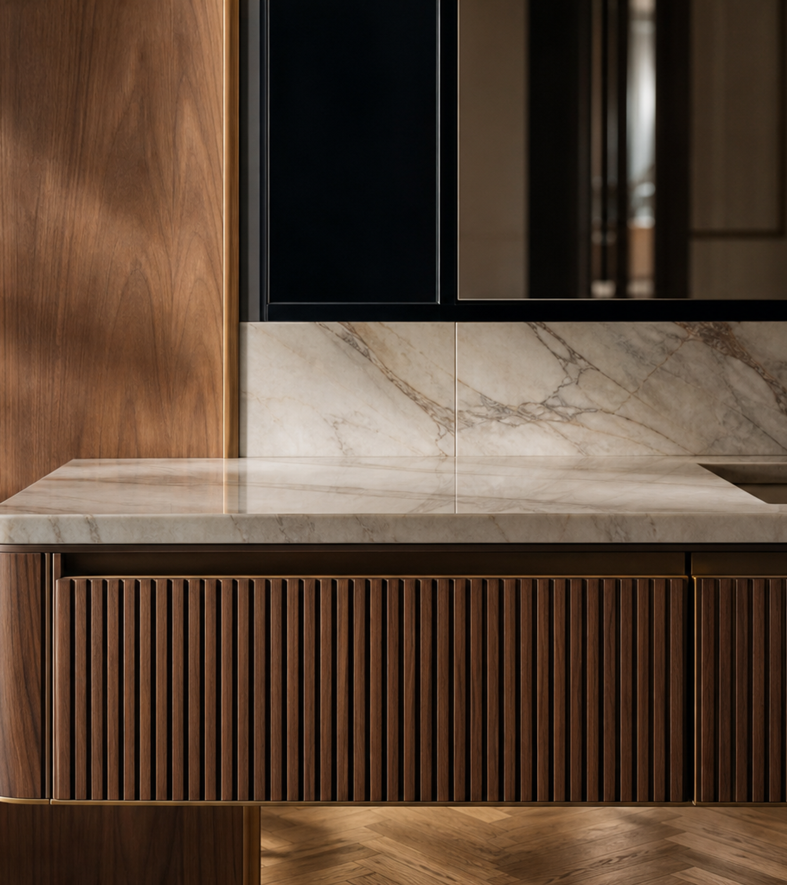 Fadior Verve Bath and Vanity Suite with Fluted Halo Wash Wall — close-up of stainless steel finish and hardware detail
