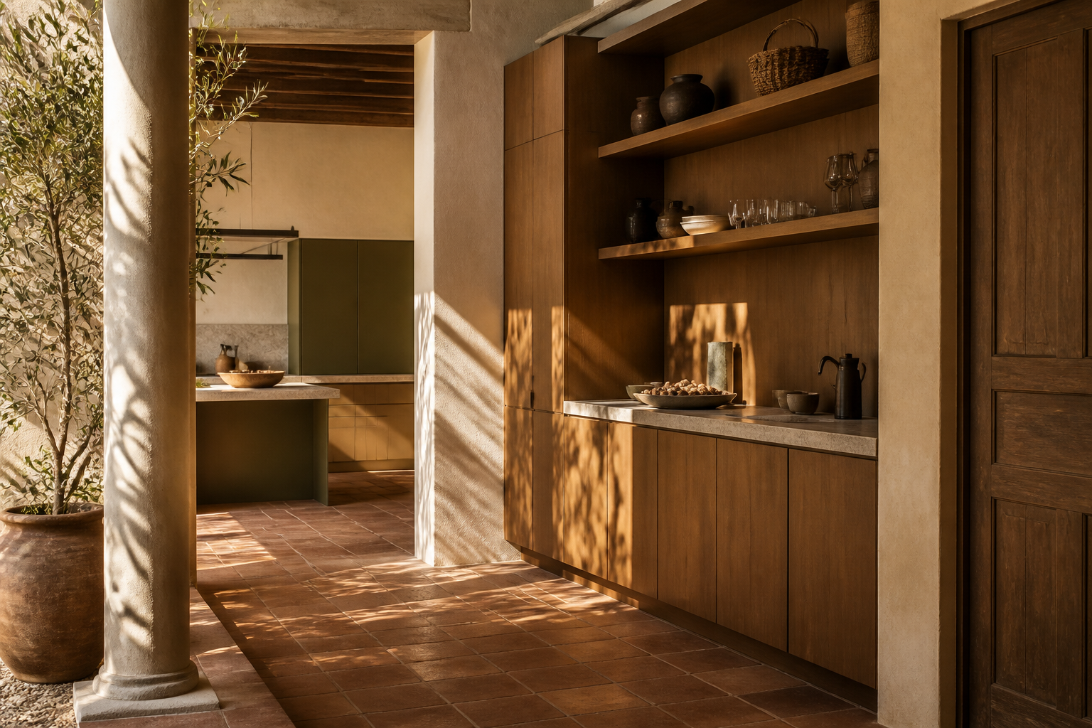 Fadior Lisbon 220 sqm Kitchen Penthouse — cabinet wall, stone counter, tile floor, wood door