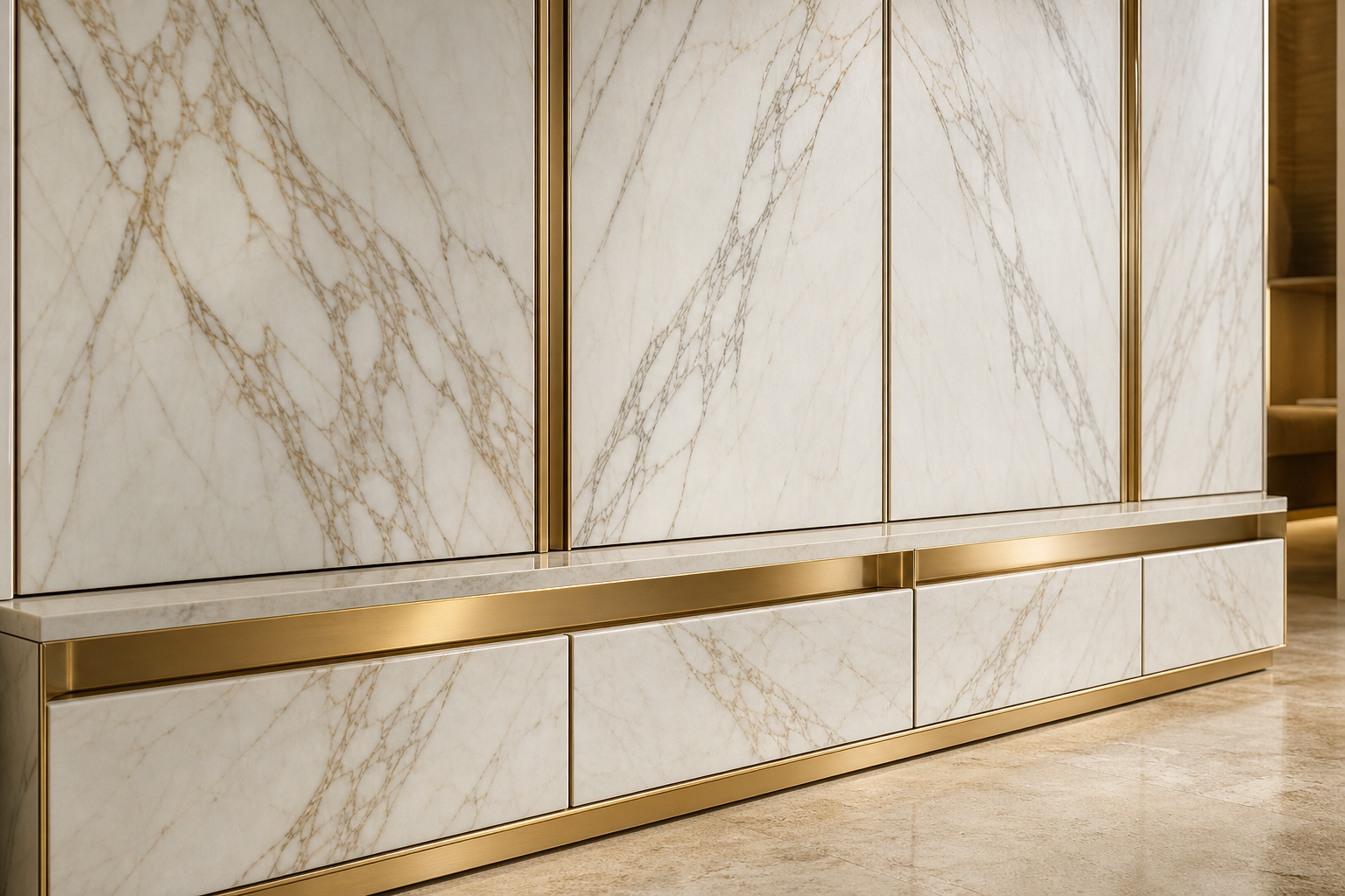 Fadior Elementum Wardrobe Suite with Calacatta Valet Plinth — close-up of stainless steel finish and hardware detail