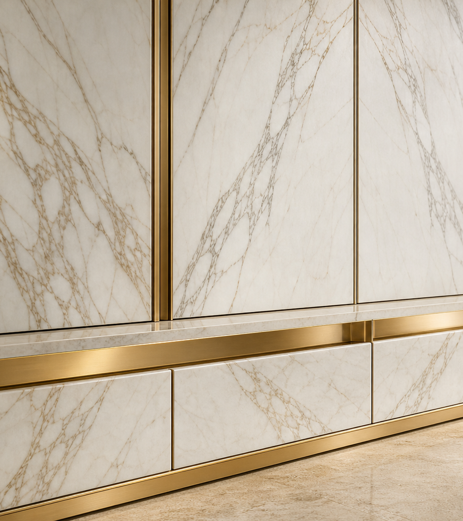 Fadior Elementum Wardrobe Suite with Calacatta Valet Plinth — close-up of stainless steel finish and hardware detail